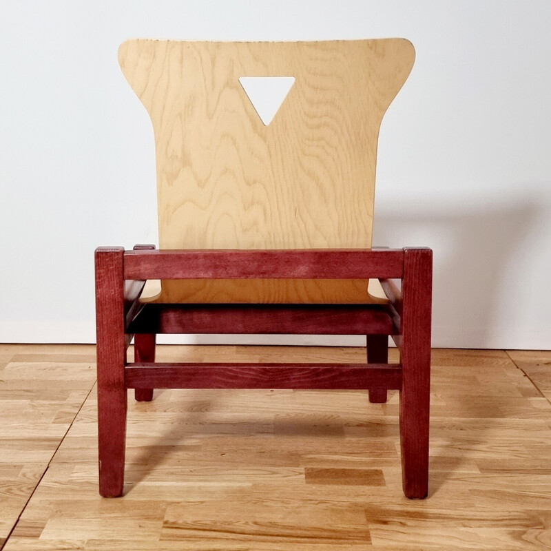 Juego de 4 sillones vintage de madera teñida y roble claro, 1980