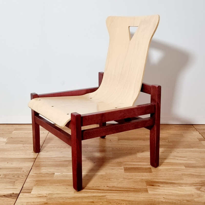 Juego de 4 sillones vintage de madera teñida y roble claro, 1980