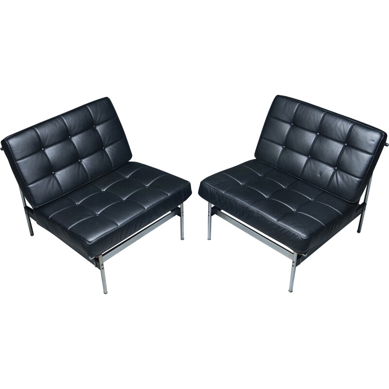 Pair of vintage '416' armchairs with black leather cushions by Kho Liang Ie for Artifort, Netherlands 1950