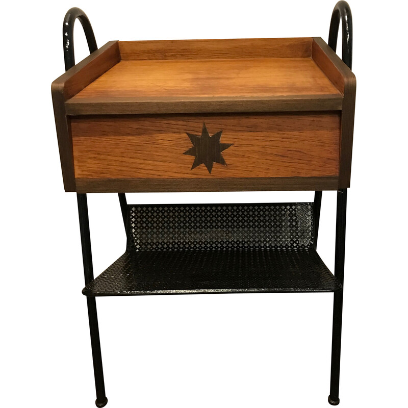 Mesa de cabeceira Vintage em madeira e metal perfurado