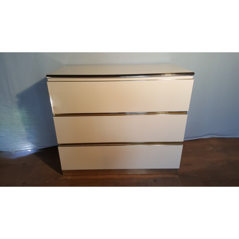 Brass and wooden beige chest of drawers - 1970s