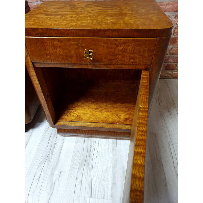 Pair of vintage art deco refurbished oakwood night stands, Poland 1930s