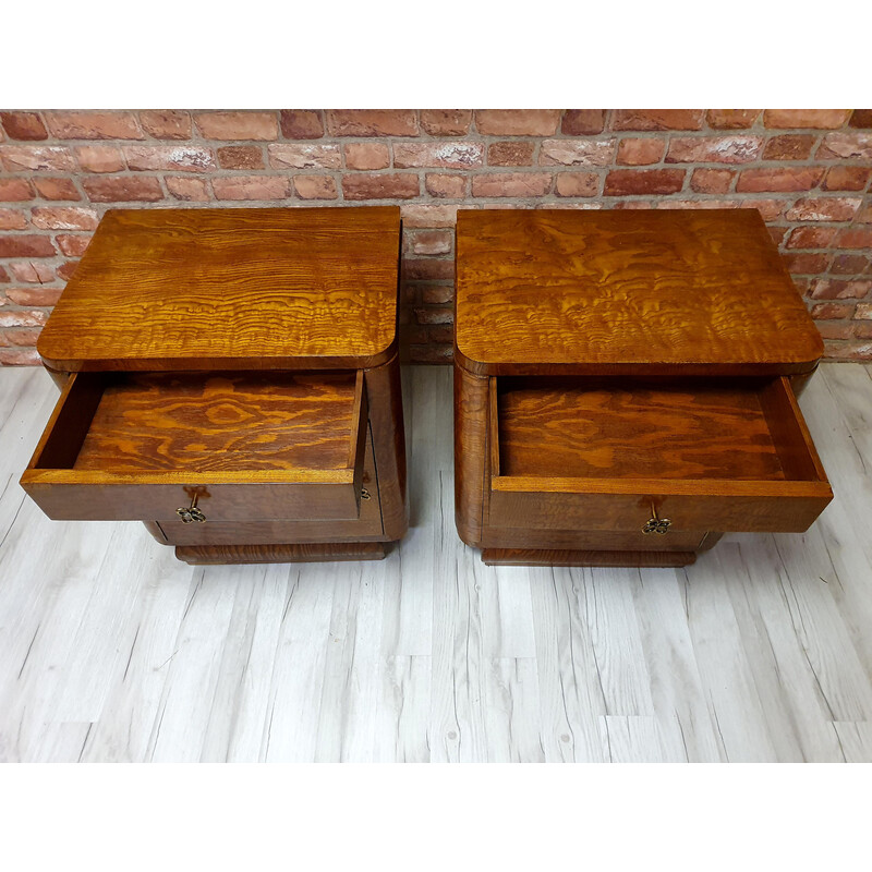 Pair of vintage art deco refurbished oakwood night stands, Poland 1930s