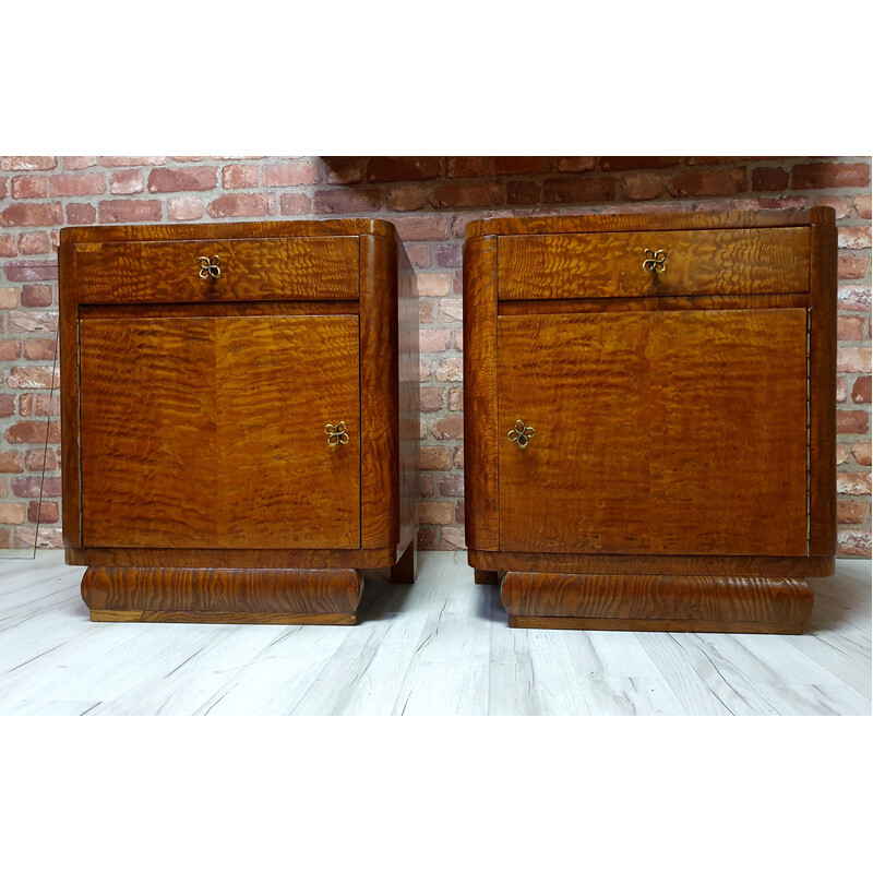 Pair of vintage art deco refurbished oakwood night stands, Poland 1930s