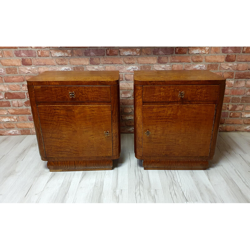 Pair of vintage art deco refurbished oakwood night stands, Poland 1930s