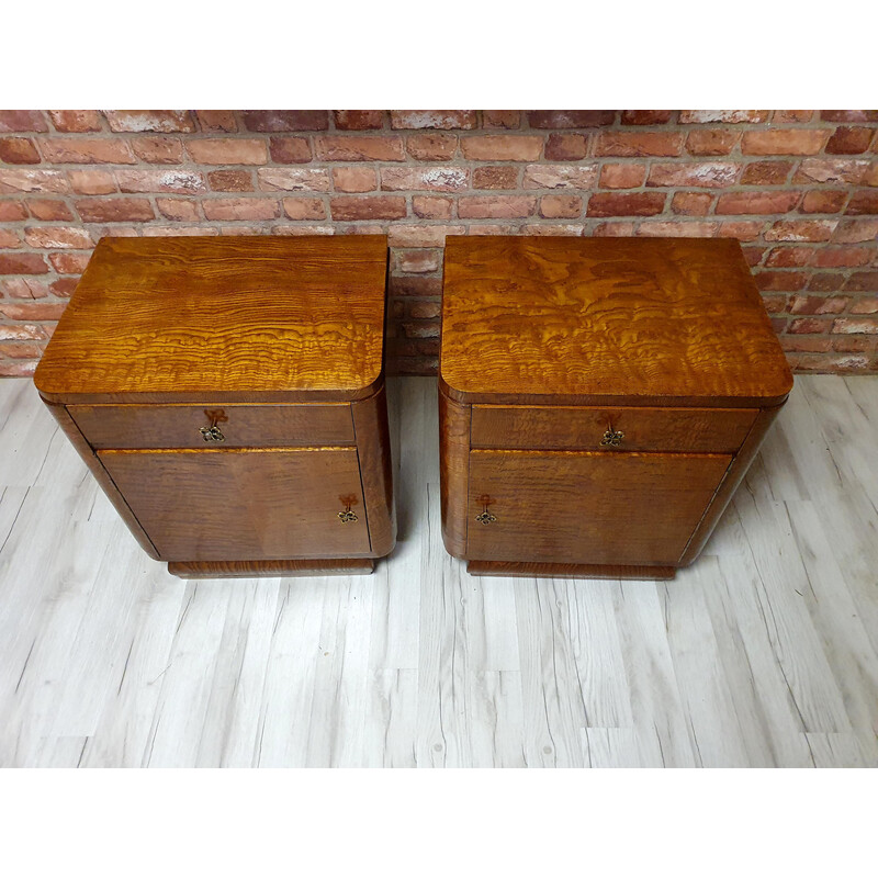 Pair of vintage art deco refurbished oakwood night stands, Poland 1930s