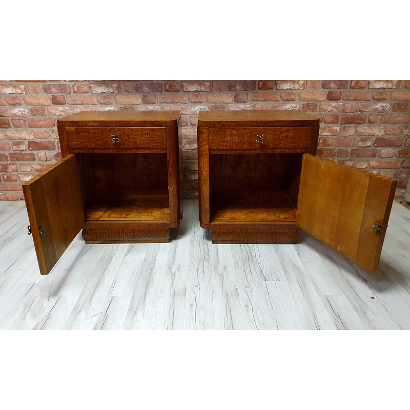 Pair of vintage art deco refurbished oakwood night stands, Poland 1930s