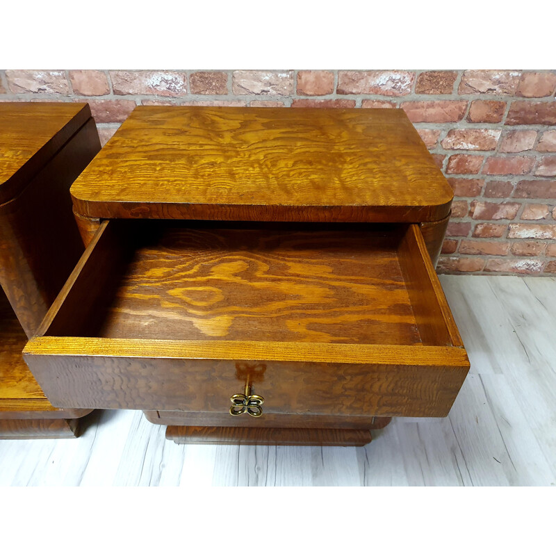 Pair of vintage art deco refurbished oakwood night stands, Poland 1930s