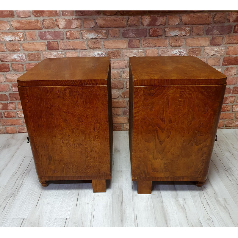 Pair of vintage art deco refurbished oakwood night stands, Poland 1930s