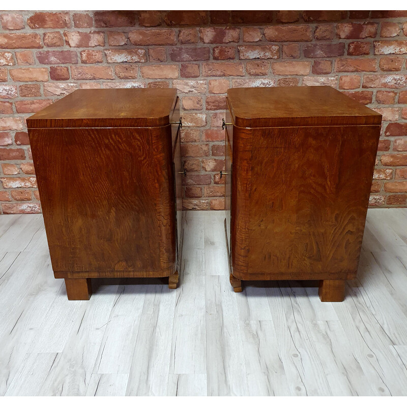 Pair of vintage art deco refurbished oakwood night stands, Poland 1930s