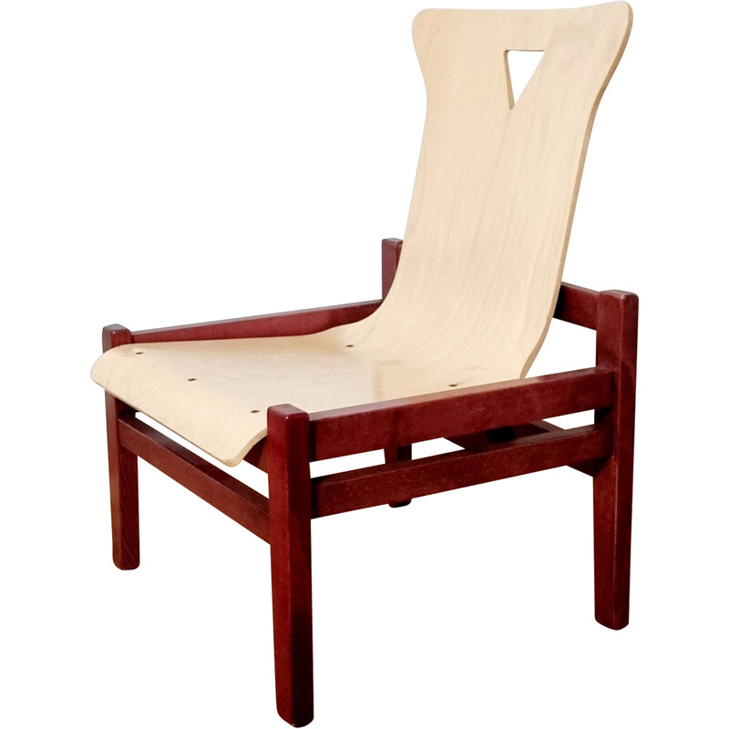 Suite de 4 fauteuils vintage en bois teinté et chêne clair, 1980