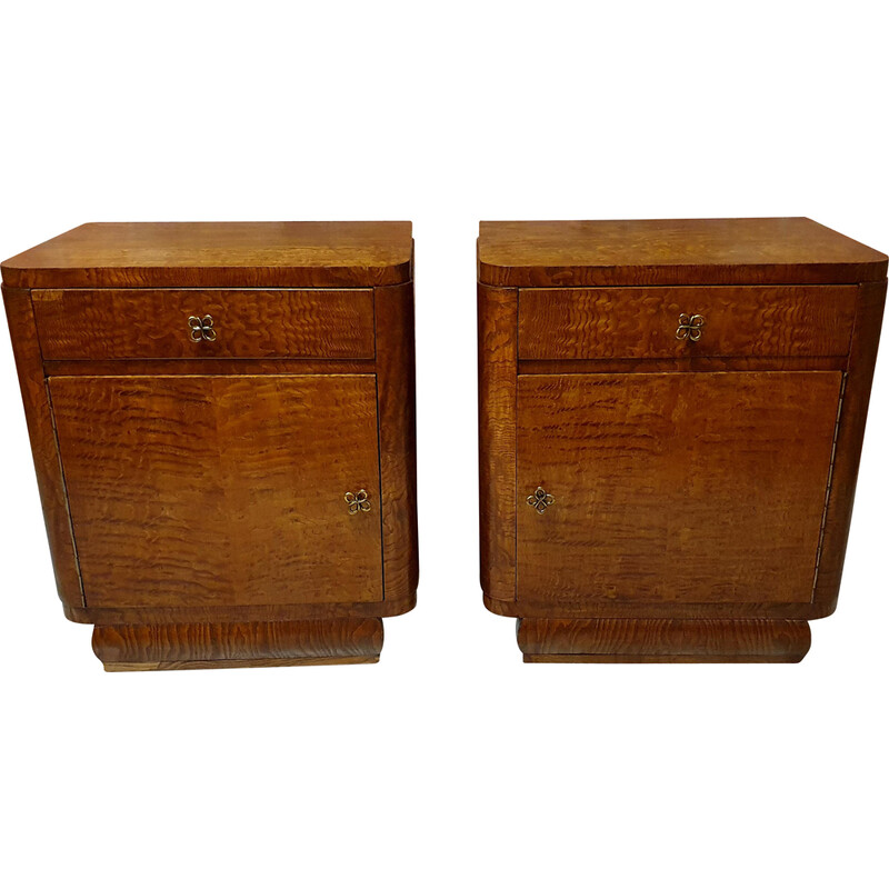 Pair of vintage art deco refurbished oakwood night stands, Poland 1930s