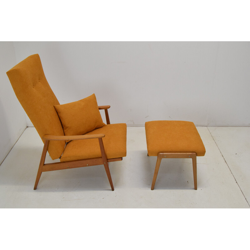 Vintage armchair with ottoman in wood and fabric by Jitona, Czechoslovakia 1960