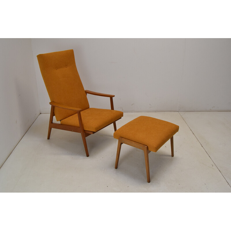 Vintage armchair with ottoman in wood and fabric by Jitona, Czechoslovakia 1960