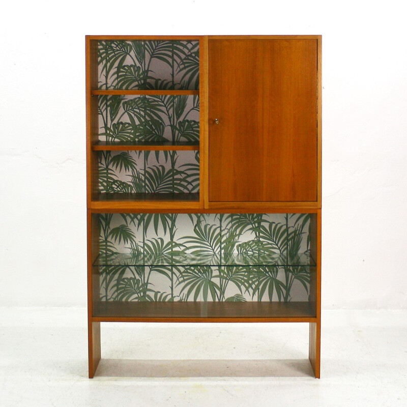 Mid-Centrury walnut cupboard with wallpapered back - 1960s