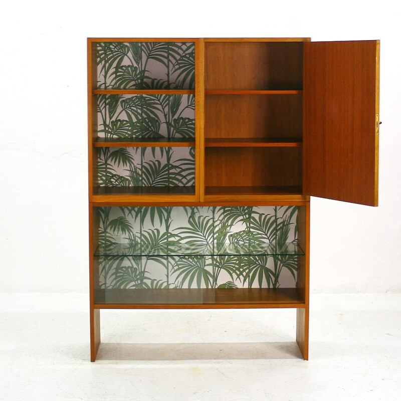 Mid-Centrury walnut cupboard with wallpapered back - 1960s