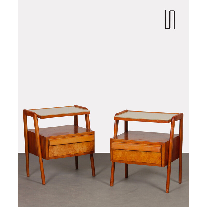 Pair of vintage night satnds in wood and opaline for Jitona, Czechoslovakia 1960