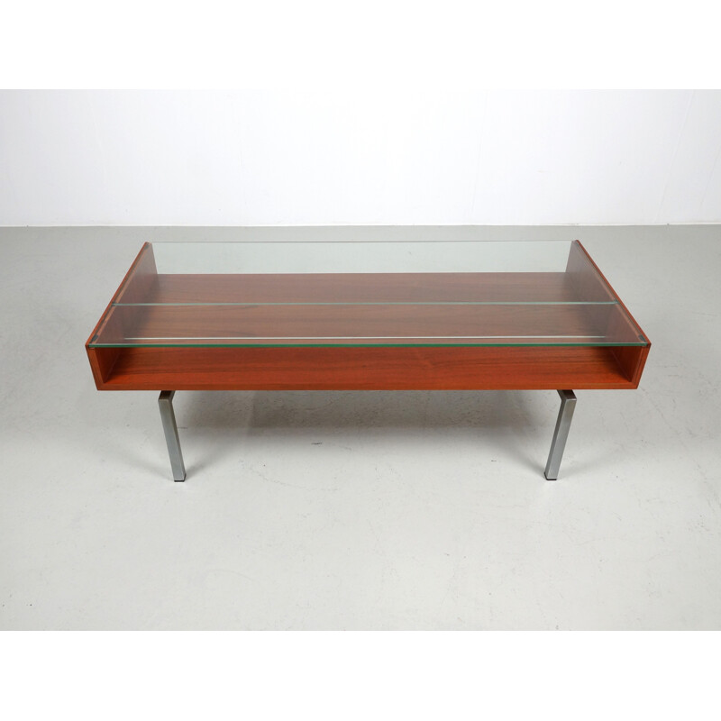 Table basse vintage en teck et verre - 1960