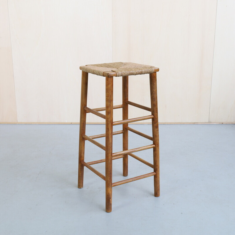 Set of 4 vintage Brutalist barstool in wood and rush, 1970s