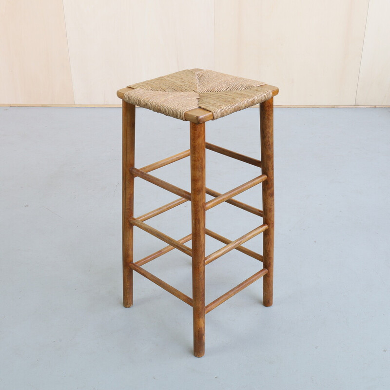 Set of 4 vintage Brutalist barstool in wood and rush, 1970s