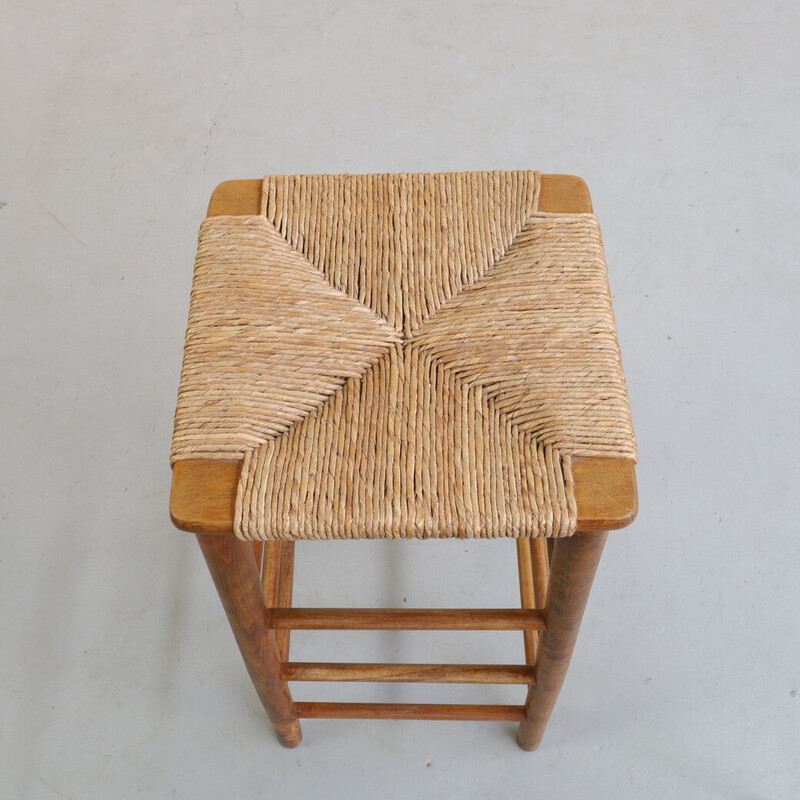 Set of 4 vintage Brutalist barstool in wood and rush, 1970s