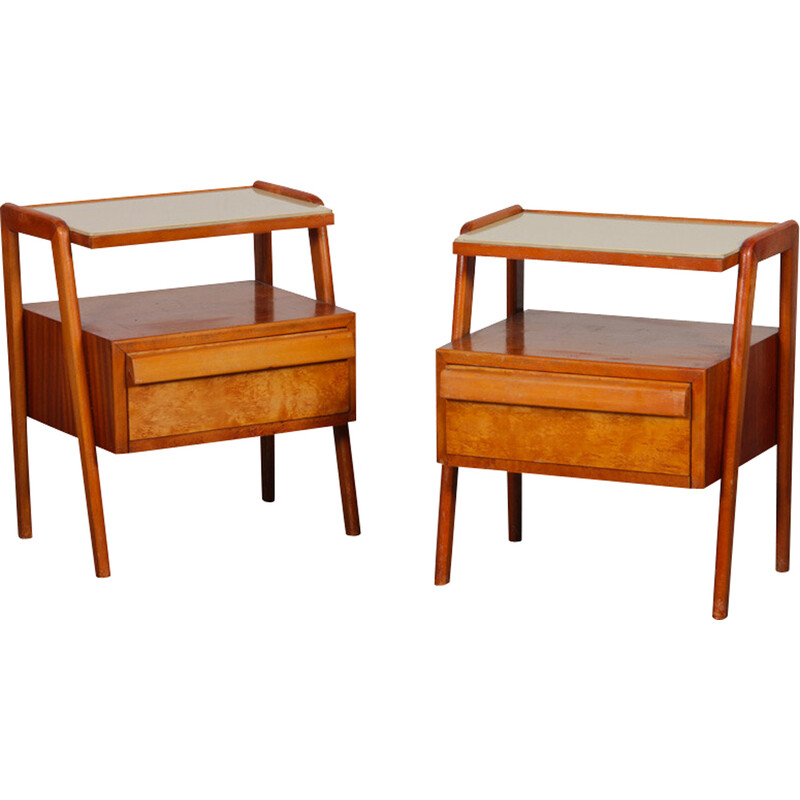 Pair of vintage night satnds in wood and opaline for Jitona, Czechoslovakia 1960