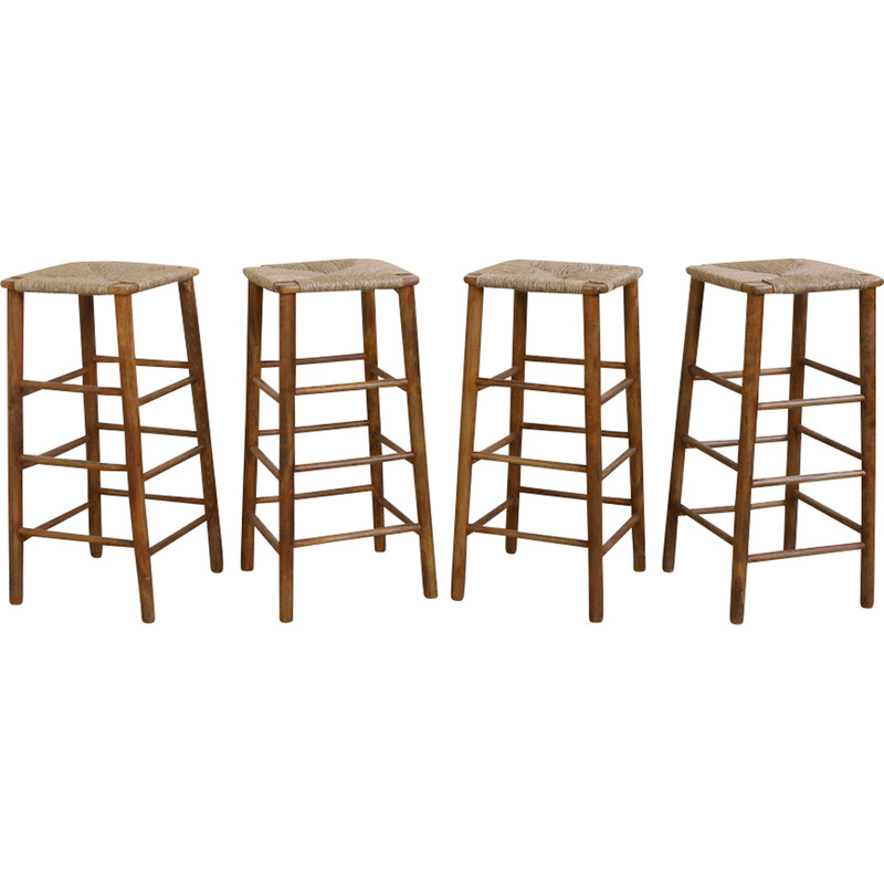 Set of 4 vintage Brutalist barstool in wood and rush, 1970s
