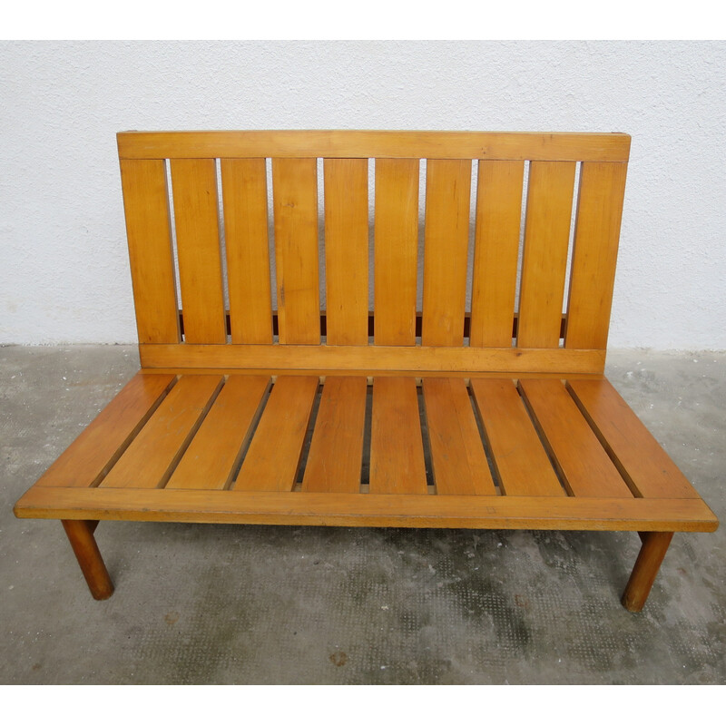 Vintage beech 2-seater bench, 1960