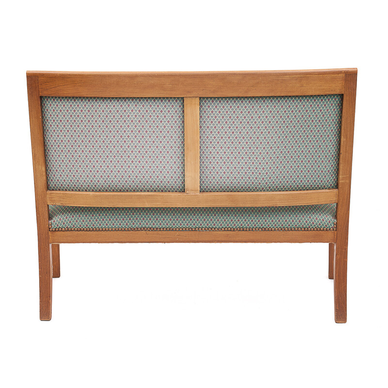 Banquette vintage en noyer sculpté et tissu, 1930