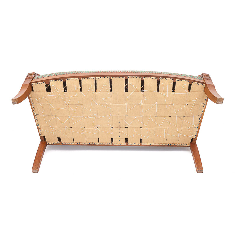 Vintage bench in carved walnut and fabric, 1930s