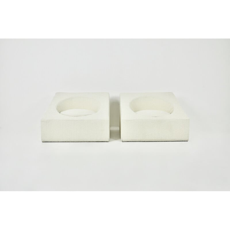 Pair of vintage armchairs in white curly fabric, Italy 1970