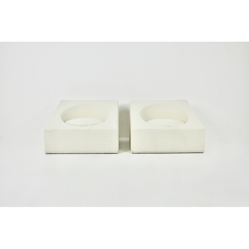 Pair of vintage armchairs in white curly fabric, Italy 1970