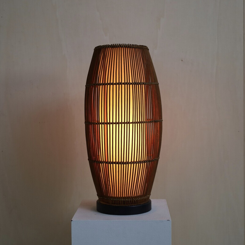 Lampada da tavolo vintage in vimini e rattan, anni '70