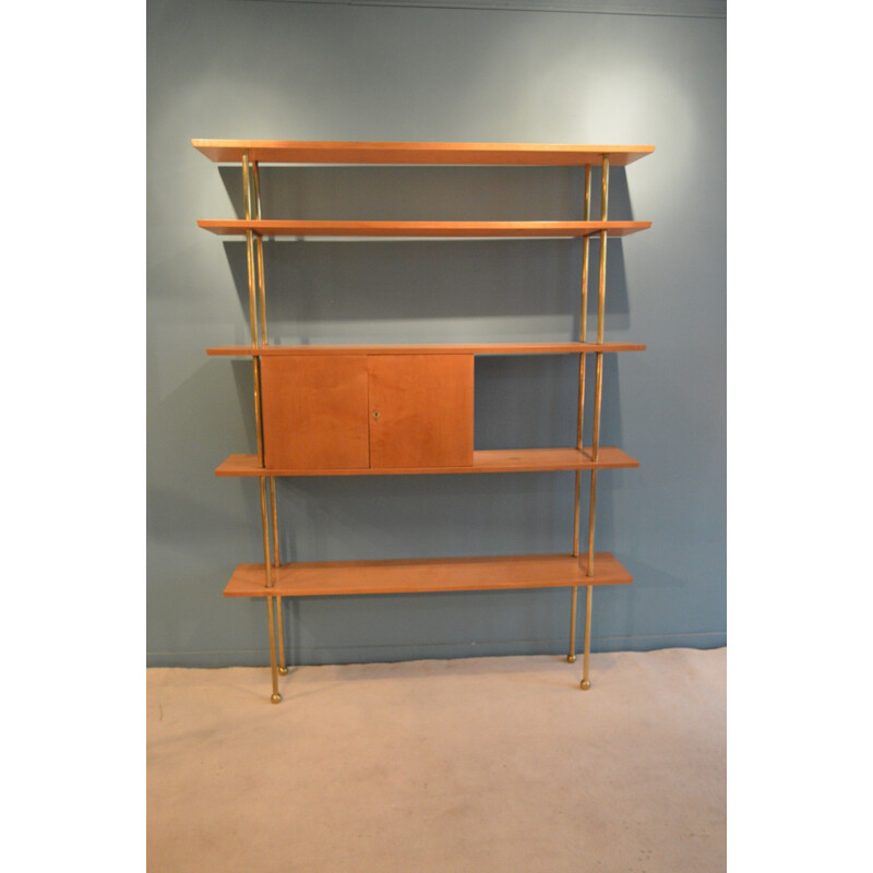 5-shelves bookcase in wood and brass - 1960s