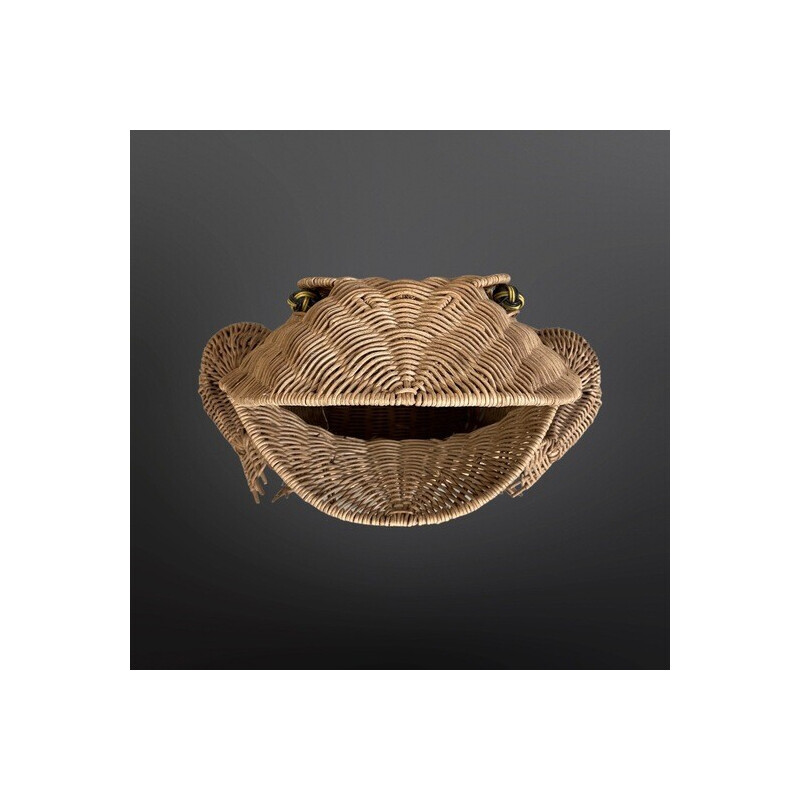 Vintage frog magazine rack in rattan by Olivier Cajan, 1970s