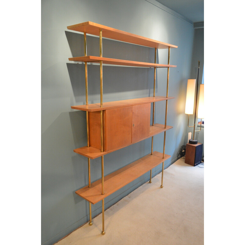 5-shelves bookcase in wood and brass - 1960s