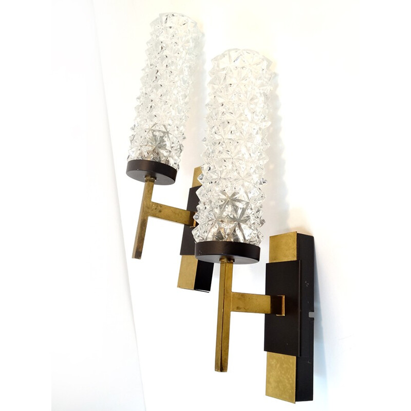 Pair of modernist wall lamps in brass and steel - 1950s