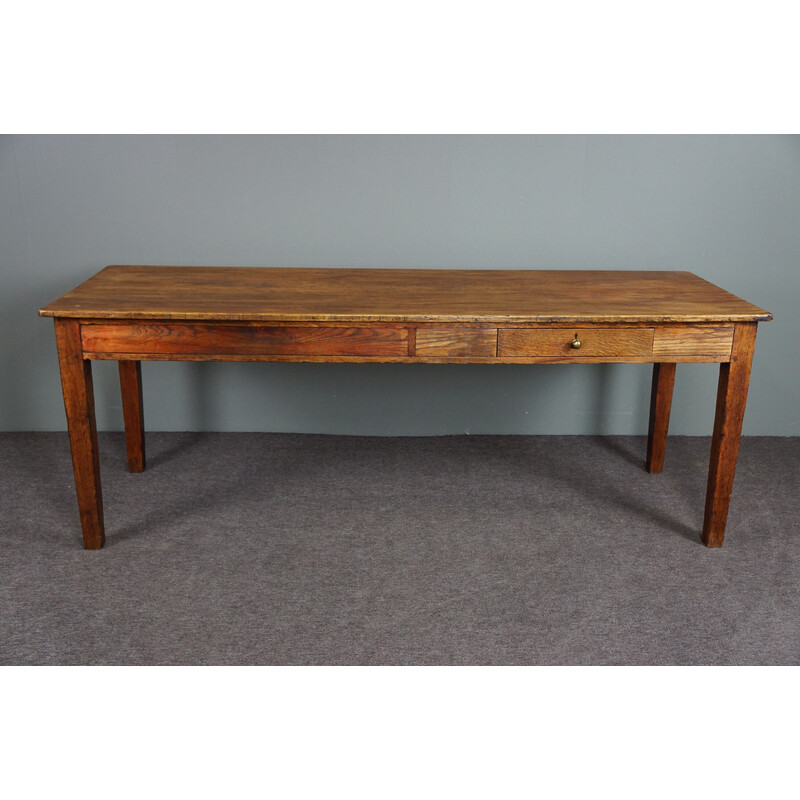 Mesa de comedor de granja vintage en madera maciza con tabla de pan extensible, Francia 1880