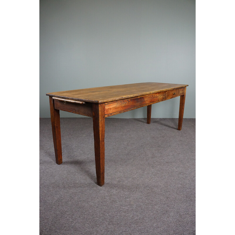 Mesa de comedor de granja vintage en madera maciza con tabla de pan extensible, Francia 1880