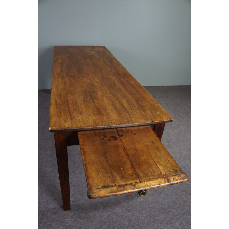 Vintage farmhouse dining table in solid wood with extendable bread board, France 1880