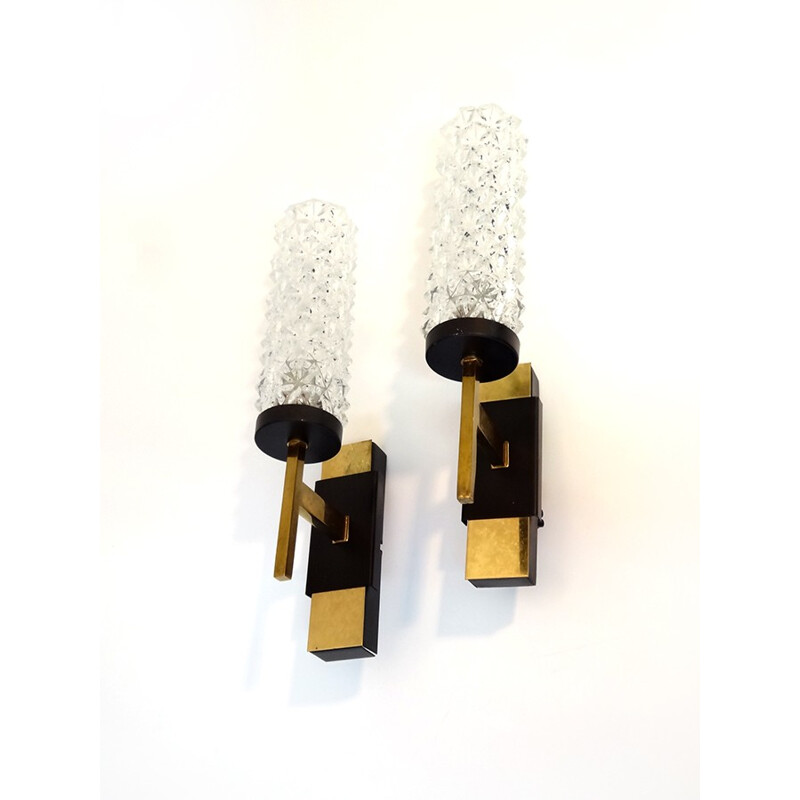 Pair of modernist wall lamps in brass and steel - 1950s