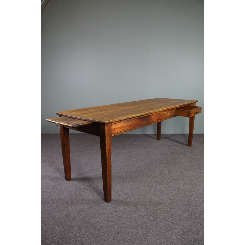 Vintage farmhouse dining table in solid wood with extendable bread board, France 1880