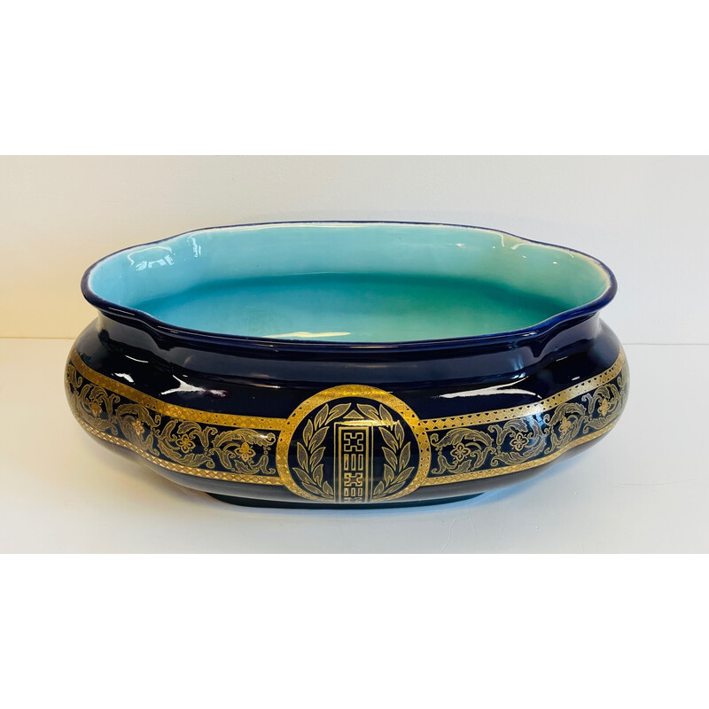 Fioriera vintage in ceramica blu di Sarreguemine, Francia