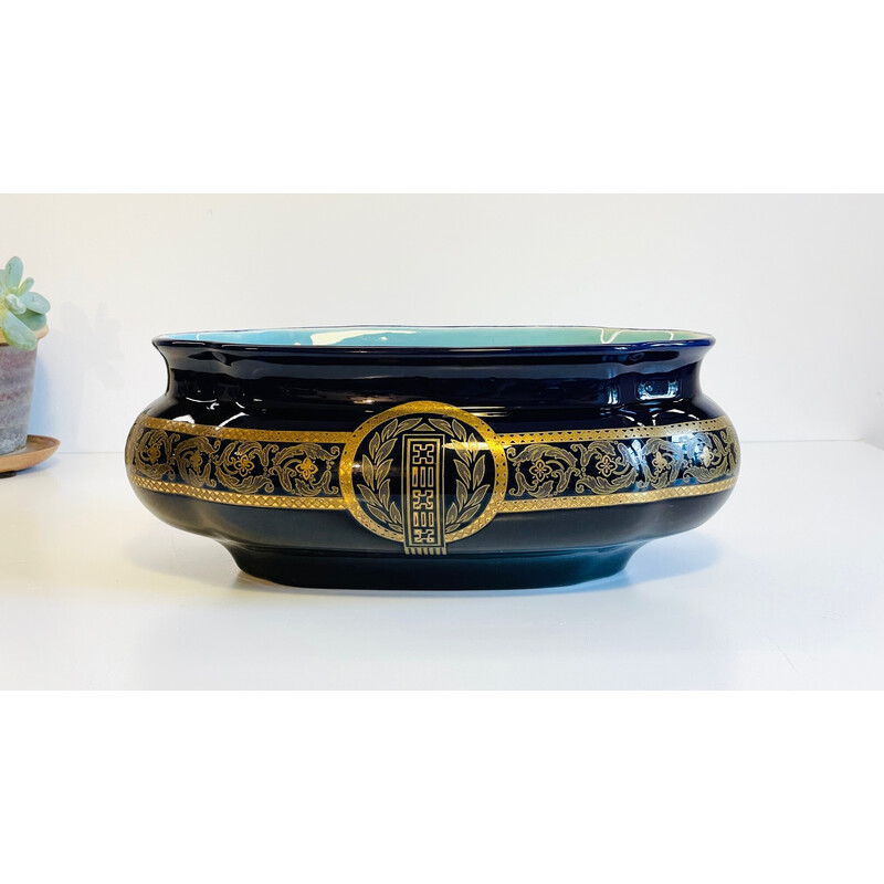 Vintage blue ceramic planter from Sarreguemine, France