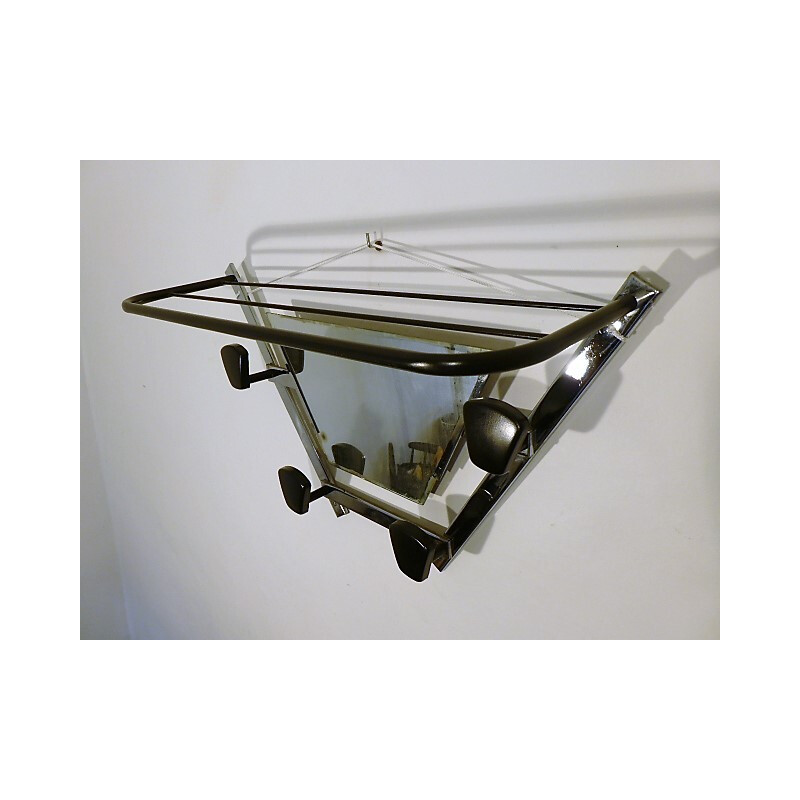 Chromed metal wall coat rack with integrated mirror - 1960s