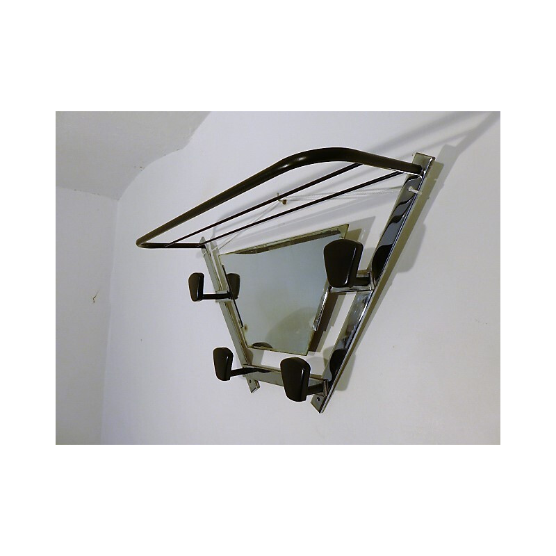 Chromed metal wall coat rack with integrated mirror - 1960s