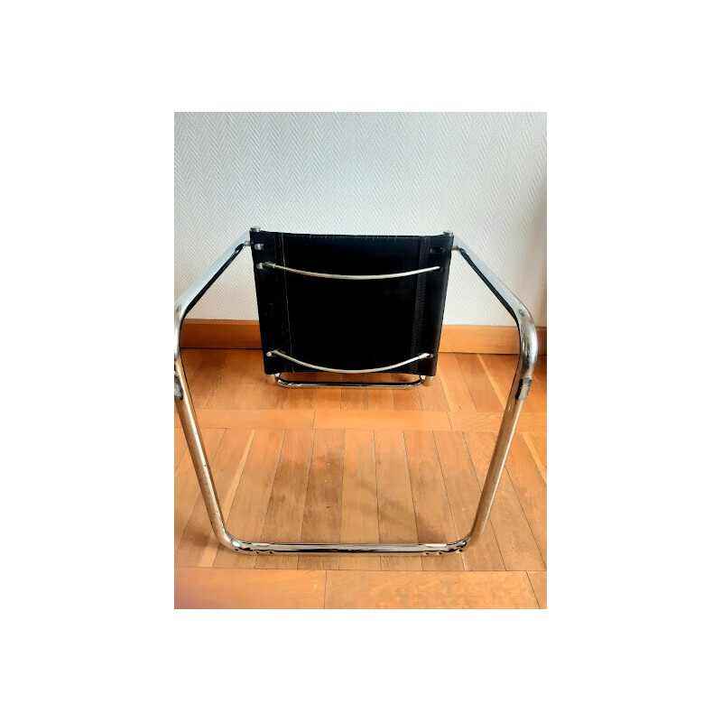 Vintage cantilever armchair in chromed metal and black leather, 1970