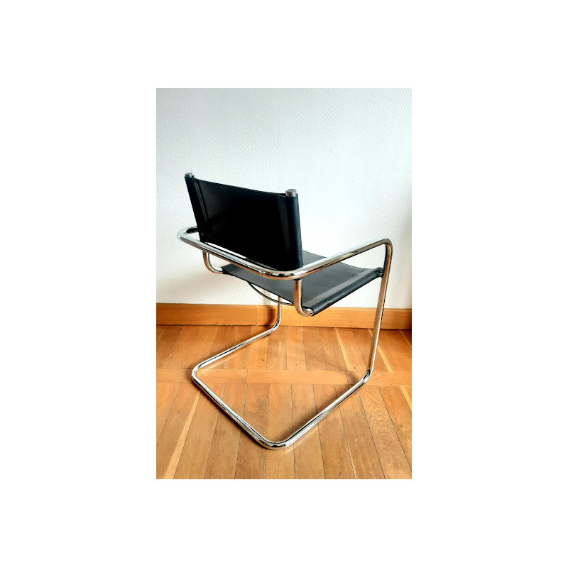 Sillón vintage cantilever de metal cromado y cuero negro, 1970