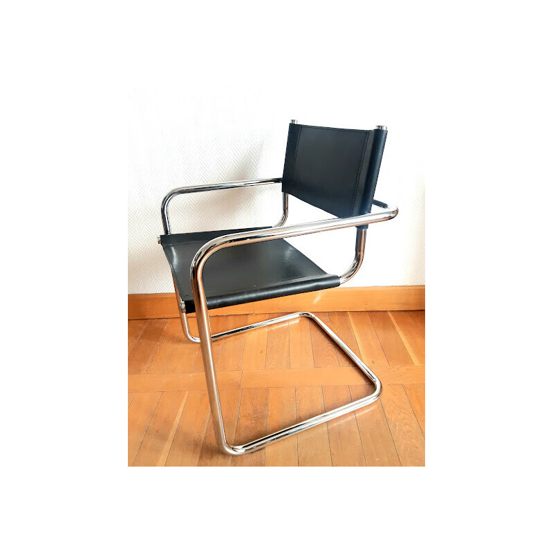 Vintage cantilever armchair in chromed metal and black leather, 1970