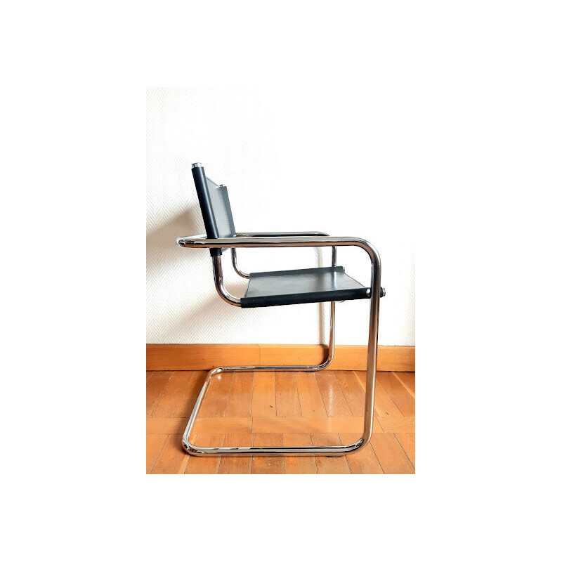 Vintage cantilever armchair in chromed metal and black leather, 1970
